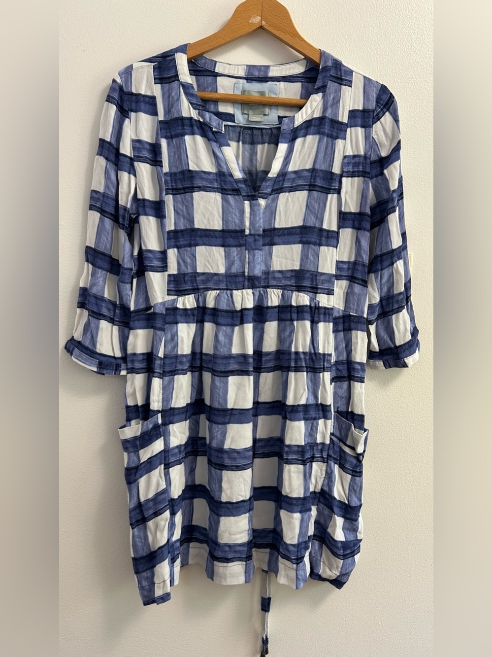 Anthropologie Maeve Devery Plaid Tie Back Mini Dress Blue White (size- XS) - Picture 2 of 9